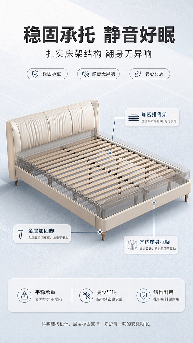 [商品] 使用【图1】半青系列高脚齐边床（天空色）；商品处理：保留床整体外形、天空色床头、高脚与齐边结构；做半透明3D分层透视效果，展示内部排骨架与床架结构，不改变床外部轮廓和颜色。
[画面] 目标：结构承托页，解析床架内部结构与排骨架承托力。版式：中间为床的侧视半透明透视效果（可看到内部排骨架/支撑龙骨/床脚受力），周围用引线标注3个结构关键点；背景为浅灰蓝渐变+几何线条，偏技术感但保持温馨调性。
[视觉] 套系策略：风格=现代轻奢家居商业摄影；标题字=现代无衬线粗体（思源黑体Heavy）；正文字=简洁无衬线体（思源黑体Regular）；主色=天空奶白（米白+浅灰蓝）；背景延展=基于天空奶白做深浅层级、同色渐变和细腻墙面/织物质感；强调色=雾霾蓝，仅用于小面积图标、引线和标签；标题色=深炭灰；正文色=中暖灰；组件=圆角浅底信息卡、细线引线、胶囊卖点框；光影=左前侧暖柔光，结构层清晰分明。
[文字] 顶部主标题「稳固承托 静音好眠」，副标题「扎实床架结构 翻身无异响」；床体周围3处引线标注：「加密排骨架」「金属加固脚」「齐边床身框架」；底部一行小字说明承托优势。
[规格] 图片比例9:16竖版，4K分辨率，淘宝/天猫适配，中文文案，避免变形、错字、文字过小、冷蓝/蓝灰背景、床颜色改变、版型失真、极限词。