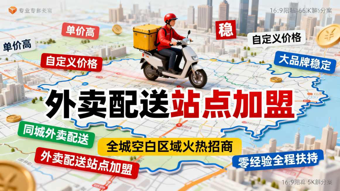 外卖站点加盟招商宣传海报，现代商务风格，画面醒目突出核心文案："单价高" "稳" "自定义价格" "大品牌稳定" "同城外卖配送" "全城空白区域火热招商" "外卖配送站点加盟" "零经验全程扶持"，预览效果