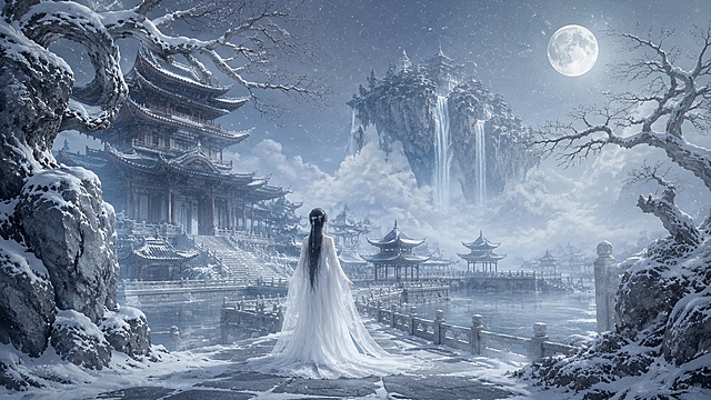 【构图】16:9低角度纵深横向构图，左右覆雪岩石枯树做天然画框，白衣女子站中前景水榭步道；左侧巨型多层中式天宫占据画面左半，远景云海间悬浮巨型浮空仙山，垂直瀑布倾泻，右上角悬一轮满月，天地铺满薄雪与蓬松云海
【人物刻画】完整背影古装女子，乌黑长发束起，身着通体纯白通透广袖拖地薄纱汉服，衣摆垂落在积雪青石板步道，孤身眺望云海深处浮空仙山
【场景细节】
1. 前景画框山石：左右两侧巨大灰岩石台，岩顶、枝干铺满厚白雪，两棵枯曲无叶古树枝干向画面中央舒展，营造框景氛围感；
2. 近景水榭湖区：平静结冰湖面、仿古青石板步道，环绕雕花汉白玉石护栏，连片多层重檐亭台、曲折长廊，所有屋顶、飞檐、石阶全覆盖蓬松白雪，水面飘轻薄寒雾；
3. 左侧主天宫建筑群：超宏大多层重檐黑瓦大殿，粗壮立柱支撑层层飞檐，殿顶、阶梯、平台全覆积雪，宽阔白玉阶梯层层向下延伸至湖面；
4. 远景浮空仙山与云海：整片山谷填满厚重奶白色体积云海，云海中央悬浮巨型悬空仙山山体，数道宽大白色瀑布垂直从山巅倾泻落入云雾，山间飘散淡蓝寒雾；
5. 宇宙天光：画面右上角浅灰夜空悬挂一轮清冷完整满月，空中缓慢飘落细碎雪花，整体天光为柔和冷青淡蓝月光，无强烈暖色光源
【光影色调】全局冷青灰蓝单色基底，白雪、白纱、灰白建筑统一清冷色调，仅月光柔和漫射，漫天飞雪增加朦胧氛围感，氛围苍茫孤寂、清冷肃穆
【渲染参数】UE5电影级8K超写实渲染，白纱垂坠柔滑布料肌理、松软积雪凹凸颗粒质感、古建斗拱木雕积雪细节、浮空仙山瀑布流动水雾、漫天雪花粒子、满月柔和光晕全部高精度刻画；无畸形人体、无西式科幻机甲建筑、无字幕水印文字、无开裂破损殿宇亭台、无脏污发黄积雪