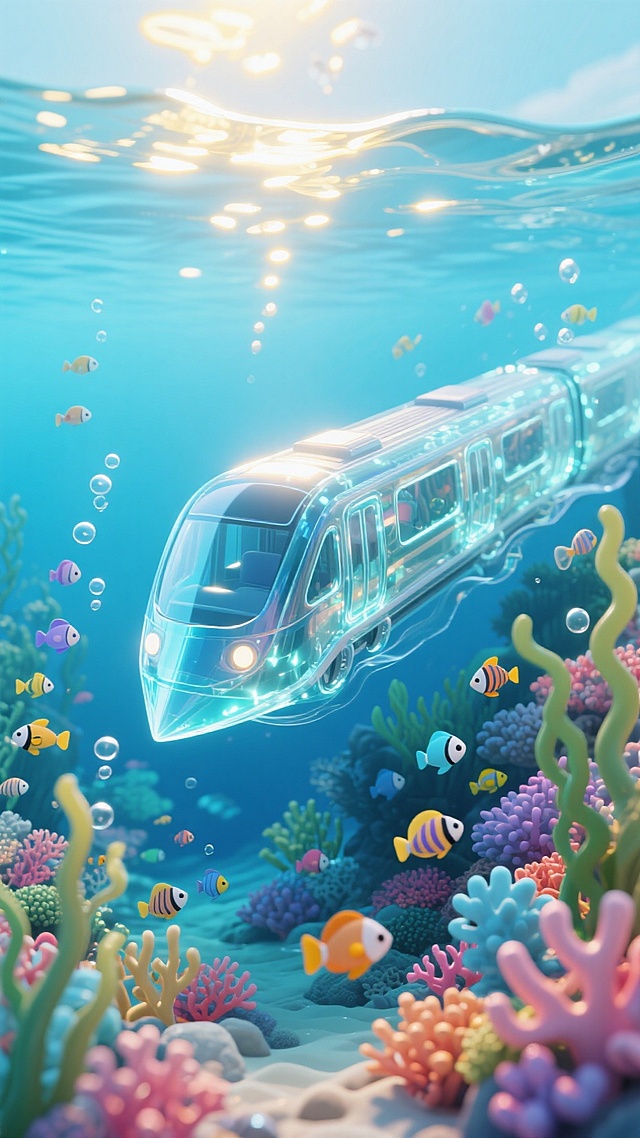 清澈的海底，在海中行驶的透明地铁