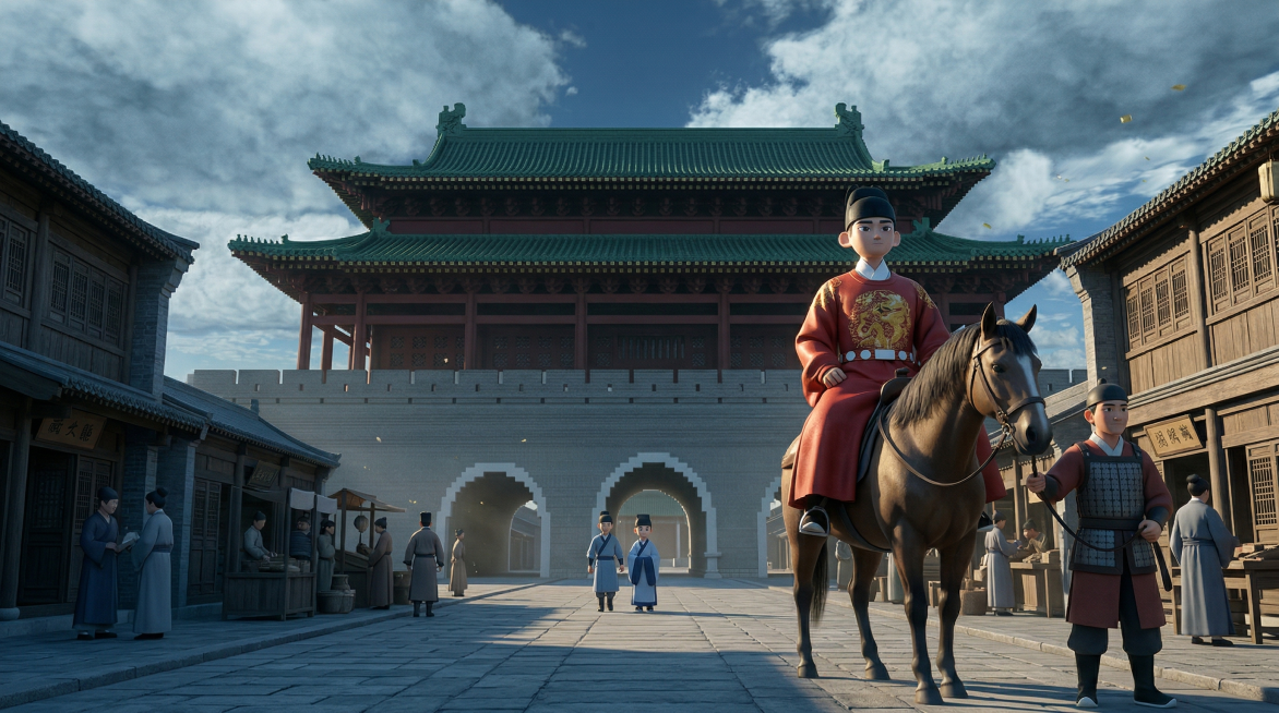 全景，从低角度仰拍，参考图三正阳门背景，朱守谦参考图一3D形象，穿红色龙纹明代王爷装束骑在马上居高临下，随从站在马旁，远处丁显参考图二形象被另一个随从引着向这边走来，背景是正阳门城楼和明代街市，青灰色预览效果