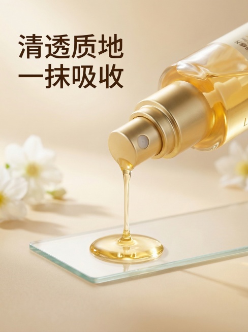 [主图主题] 透真多效修护发精油喷雾质地展示
[氛围/风格] 通透水润风格，柔和柔光，高清微距质感
[画面元素] 极致微距特写精油喷雾的清透液体质地，一滴金黄精油从喷头缓缓滴落，放置在干净透明的玻璃片预览效果