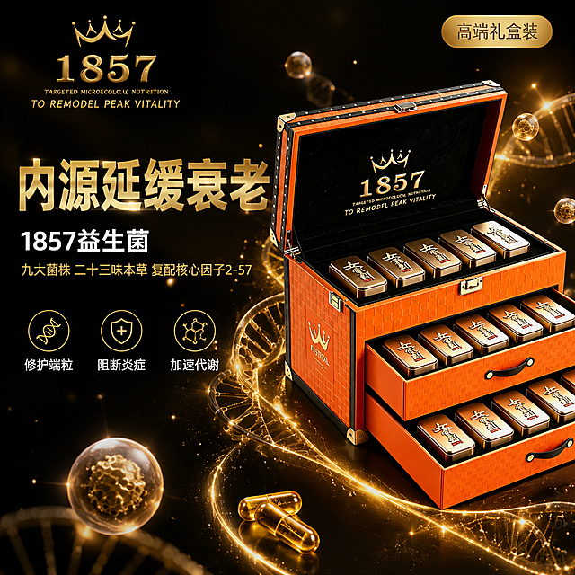 [主图-1] 1857益生菌高端礼盒首图 内源延缓衰老
[氛围风格] 高端奢华黑金科技养生风，礼盒质感强烈，清透科技光效
[画质] 商业摄影质感、光线柔和通透、产品清晰真实、画面干净高级、超高清细节
[元素] 橙色鳄鱼纹皮质三层抽屉礼盒居中偏右，礼盒打开状态，上层抽屉拉出一半，金色小铁盒整齐排列，金属光泽细腻。左上角放置从产品提取的皇冠1857 Logo，保持原字形与金色配色。背景为深黑色渐变，底部有微弱金色光晕与粒子光点漂浮。礼盒周围环绕淡金色DNA螺旋光效与细胞光点，象征修护与抗衰。礼盒前方散落2-3颗金色益生菌胶囊，微微发光。**保持礼盒外观（即物理结构、材质质感、颜色、抽屉数量、铁盒排列）与输入产品图完全一致，杜绝任何变形和色差，精细化处理皮质纹理与金属光泽**。商品主体占比约65%。
[光影] 主光从左上45度斜射，暖金色调，突出橙色皮质纹理与金色金属高光；辅光从右下补光，减弱暗部；礼盒底部有柔和投影，背景有微弱体积光，整体通透高级，暗部有层次。
[配色] 主色深黑+奢华金；辅色爱马仕橙（产品本身）；强调色淡金发光粒子。
[视角构图] 45度斜侧俯视，礼盒为视觉中心，前中后景分层，景深中等，背景虚化突出主体。
[文字版式] 左侧负空间左对齐留安全边距，三行主辅文案不压礼盒。大字主标题"内源延缓衰老"，金色最大号粗体无衬线，字重厚重；副标题"1857益生菌"，白色中号粗体，位于主标题下方；辅助短句"九大菌株 二十三味本草 复配核心因子2-57"，浅金色小号细体，约主标题1/3高度。底部横向排列三个金色圆角小图标+文字：左"修护端粒" 中"阻断炎症" 右"加速代谢"，图标为金色线描，文字白色小号。右上角金色圆角徽章"高端礼盒装"，白字。
[输出要求] 1:1比例，文字清晰锐利可辨，超高清商业摄影质感
[负向提示词] 变形，文字错乱，产品图模糊，背景杂乱，水印，电商平台Logo，多余的手，畸形手，人物面部扭曲