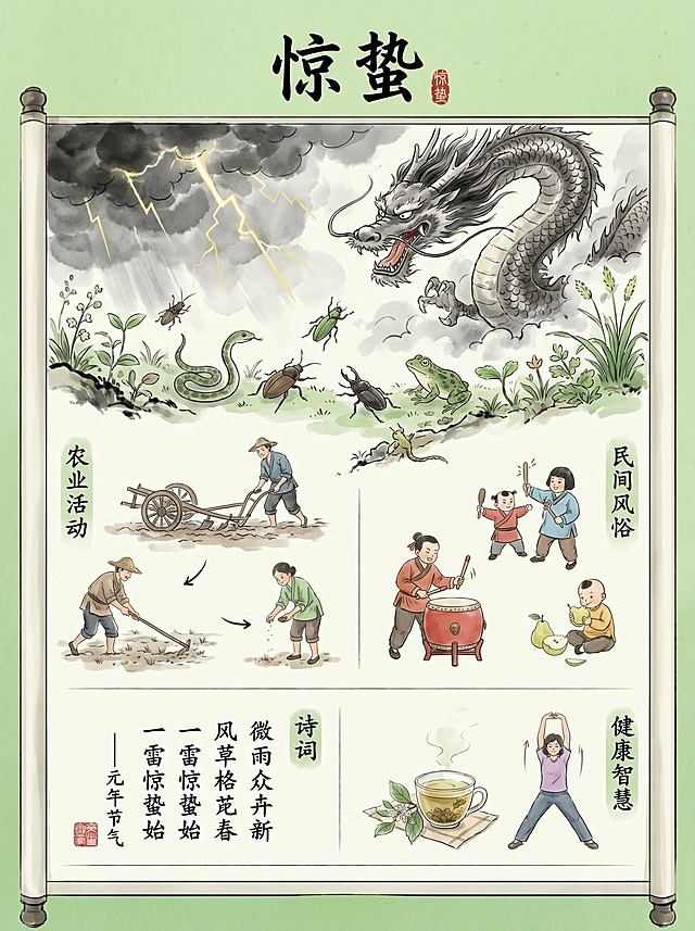 惊蛰节气详情页，清新雅致春绿色调，传统水墨融合现代插画，惊雷醒春意象，展示惊蛰的农事、民俗、诗词与养生智慧，比例3:4