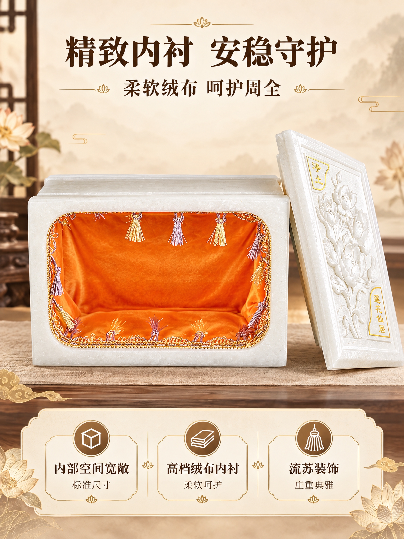 [商品] 使用【图3】【图4】荷园净土汉白玉骨灰盒开盖状态；保… - 图片创意预览