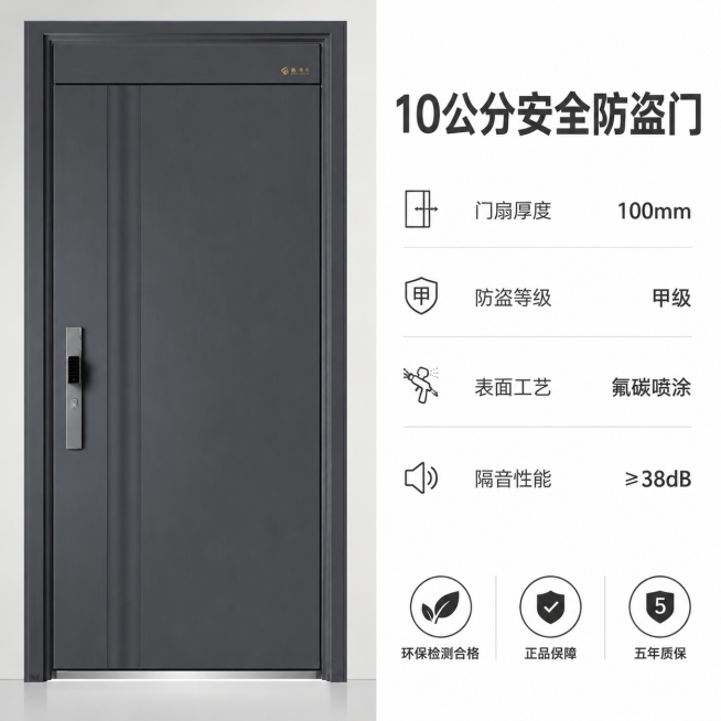 [主图-5] 防盗门规格参数与品质背书展示。保持这款深灰色防盗门的外观（物理结构、材质质感、颜色）与输入产品图绝对一致，杜绝任何变形和色差，精细化处理。[氛围风格]简约正规专业背书；[画质]商业摄影质预览效果