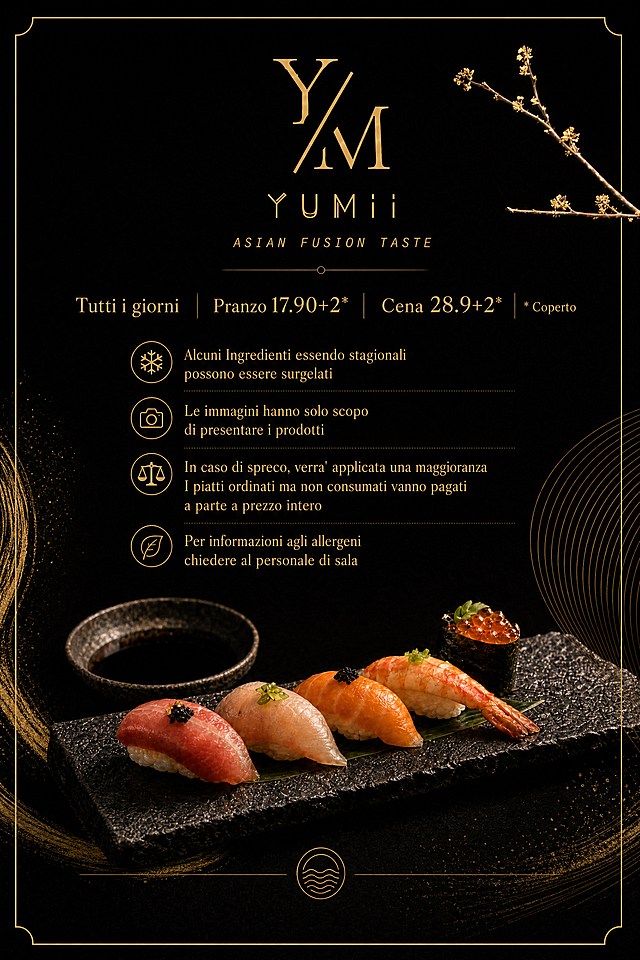 基于第一张图片的YM YUMii ASIAN FUSION TASTE logo，调整到海报上方，保持黑金高级风格，参考第二张图片菜单信息，添加文字内容：'Tutti i giorni   Pranzo 17.90+2* Cena 28.9+2*    * Coperto'，'Alcuni Ingredienti essendo stagionali possono essere surgelati'，'Le immagini hanno solo scopo di presentare i prodotti'，'In caso di spreco, verra' applicata una maggioranza I piatti ordinati ma non consumati vanno pagati a parte a prezzo intero'，'Per informazioni agli allergeni chiedere al personale di sala'，保持排版整齐，简约高级寿司餐厅菜单风格，比例1:1.5