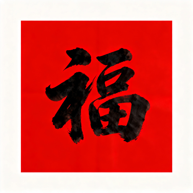 春节新年主题的书法福字作品，红色背景搭配黑色书法福字，画面完整没有白色边框预览效果
