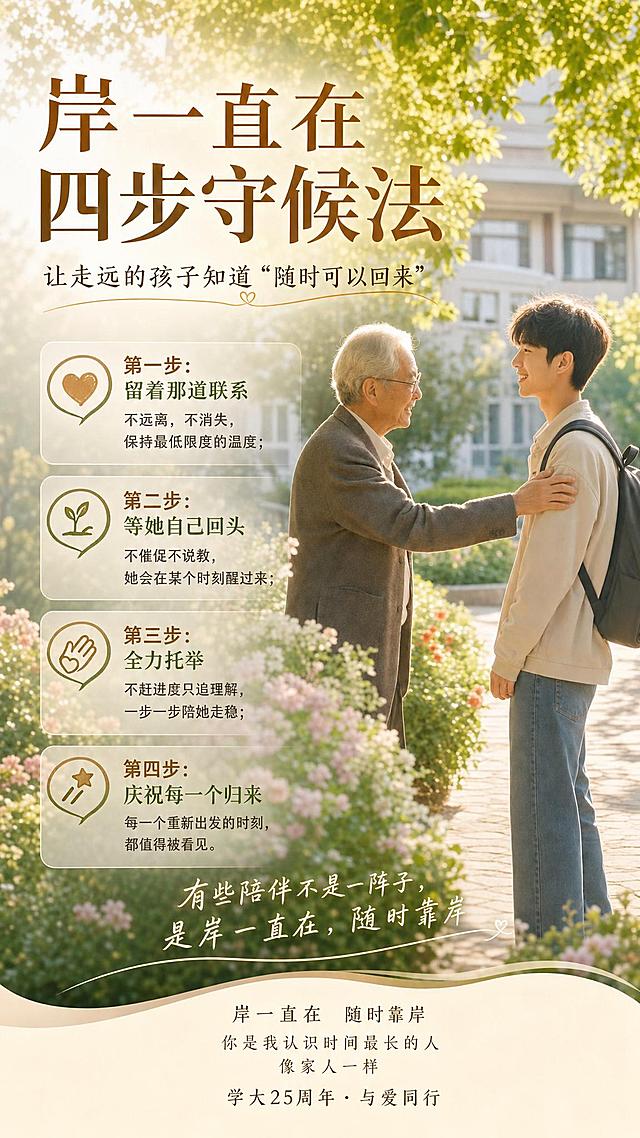 在这张校园花园中老年教师与青年学生温情对视握手的图片上，添加文字排版，主标题："岸一直在 四步守候法"，副标题："让走远的孩子知道'随时可以回来'"，四个步骤小标题依次排版：第一步：留着那道联系 不远离，不消失，保持最低限度的温度；第二步：等她自己回头 不催促不说教，她会在某个时刻醒过来；第三步：全力托举 不赶进度只追理解，一步一步陪她走稳；第四步：庆祝每一个归来 每一个重新出发的时刻，都值得被看见。底部文案："有些陪伴不是一阵子，是岸一直在，随时靠岸"，落款："岸一直在 随时靠岸 你是我认识时间最长的人 像家人一样 学大25周年 · 与爱同行"。要求文字布局合理，排版协调，画面高端大气，风格温暖治愈，整体灵动自然。