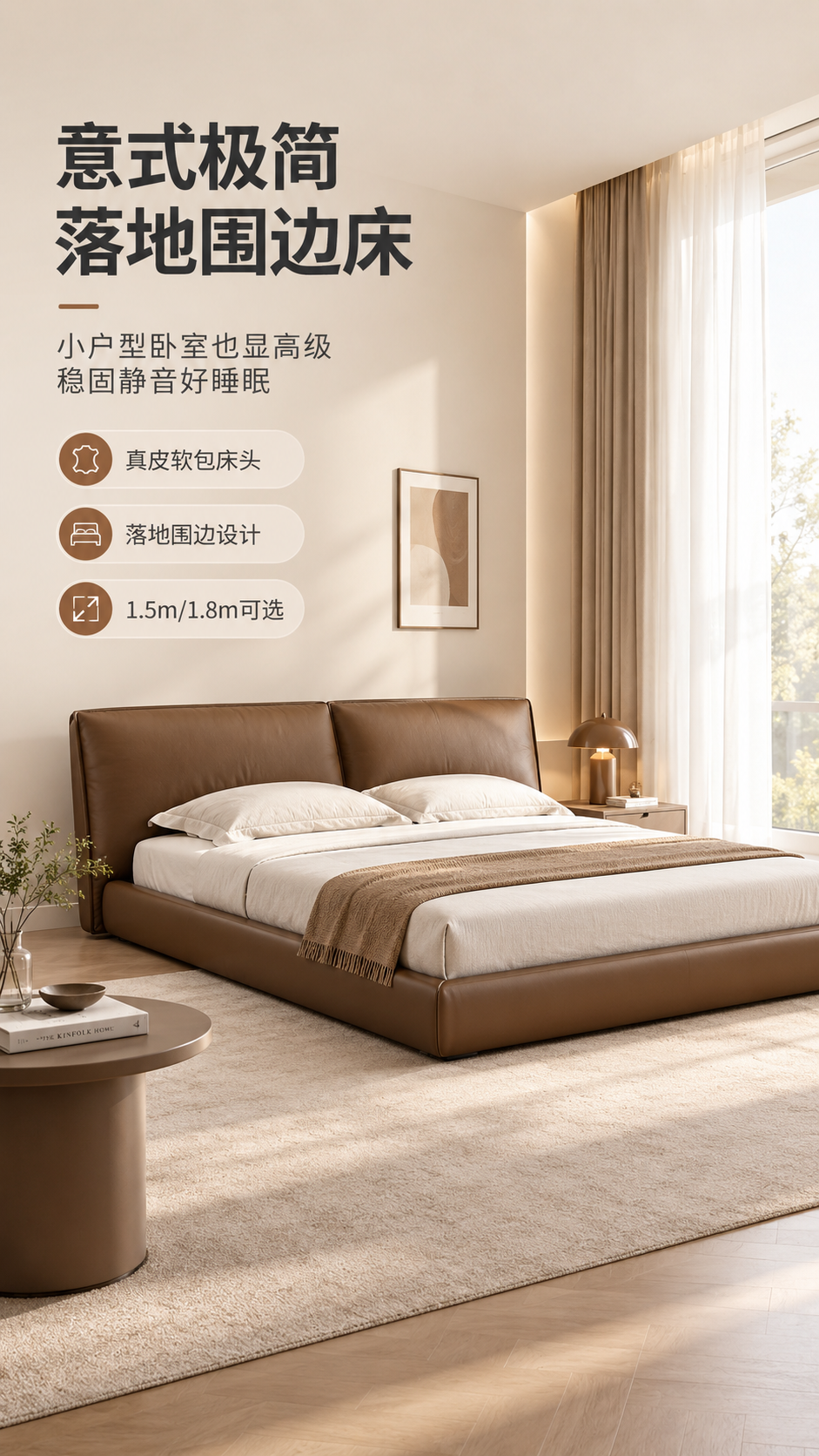 [商品] 使用【图1】意式极简落地款围边真皮床；保留棕色真皮软… - 图片创意预览