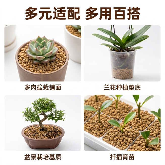 [主图 4] 日本硬质赤玉土适用场景宫格展示。[氛围风格] 清新自然园艺风；[画质] 商业摄影质感，各个场景清晰真实，整体干净自然。保持赤玉土外观（物理结构、材质质感、颜色）与输入产品图绝对一致。采用预览效果