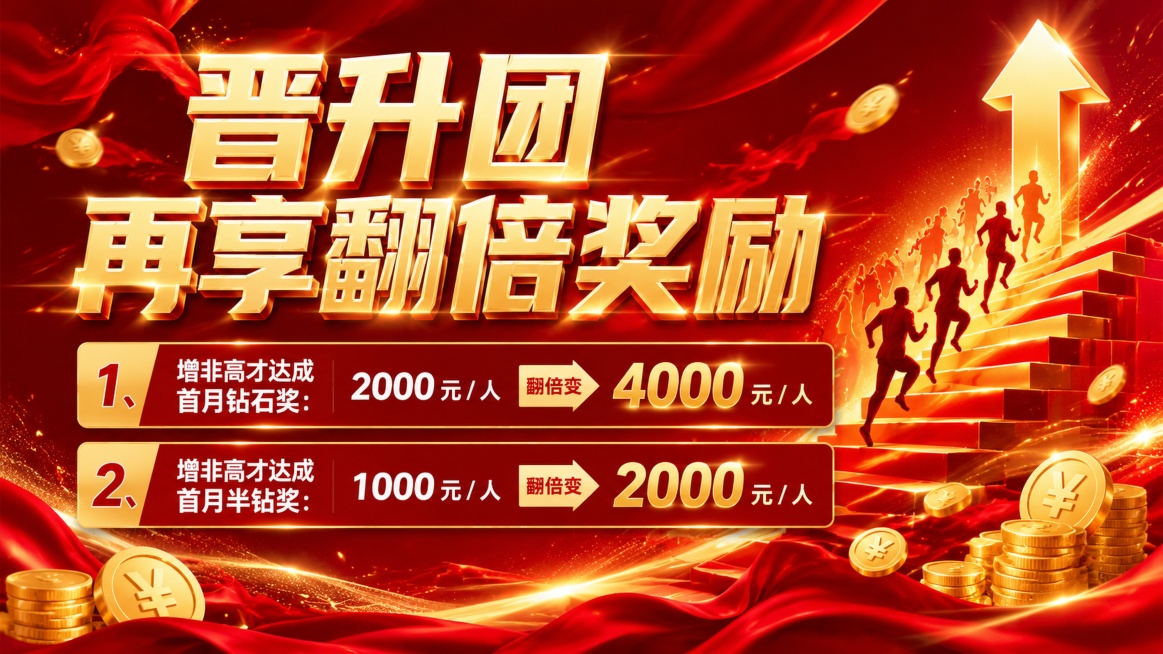 热血红金奋斗风格保险增员激励海报，横版，深红大气背景，冲刺氛围感拉满，高清商业4K画质。画面带有鎏金醒目大字，流光特效，金币装饰，向上阶梯装饰。文字内容：主标题"晋升团再享翻倍奖励"，奖励明细整齐排版预览效果
