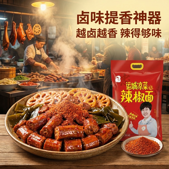 辣椒面卤味拼盘场景主图，卤味店烟火氛围，暖黄柔光。产品包装袋放在卤味柜台旁，满满一盘卤鸭脖、卤藕片、卤海带摆在中央，表面刷满红油和辣椒面，油亮诱人，旁边摆着小碟装着辣椒面蘸料，凸显产品适配多种卤味。文预览效果