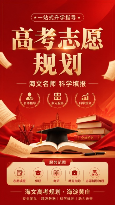 设计一张红色教育招生海报，风格为写实商业，面向高考考生及家长，整体专业稳重，主色调红色搭配浅金色文字。主体画面：大标题居中，信息分区排版，背景使用简约渐变红色，点缀书页、文具等学习元素，营造升学规划的预览效果