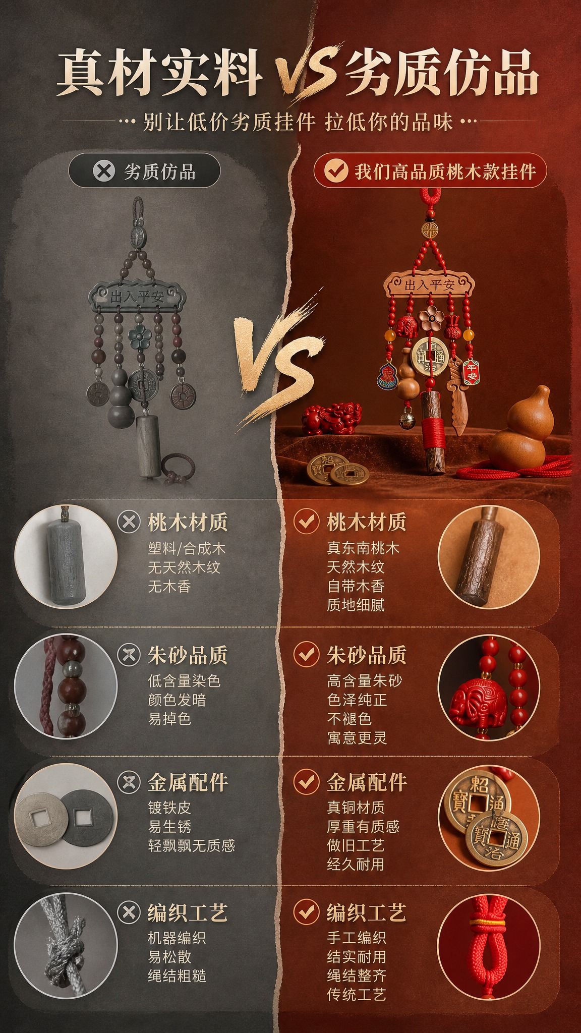 [商品] 左侧展示劣质仿品（概念化表现：塑料感桃木、颜色暗淡的… - 图片创意预览