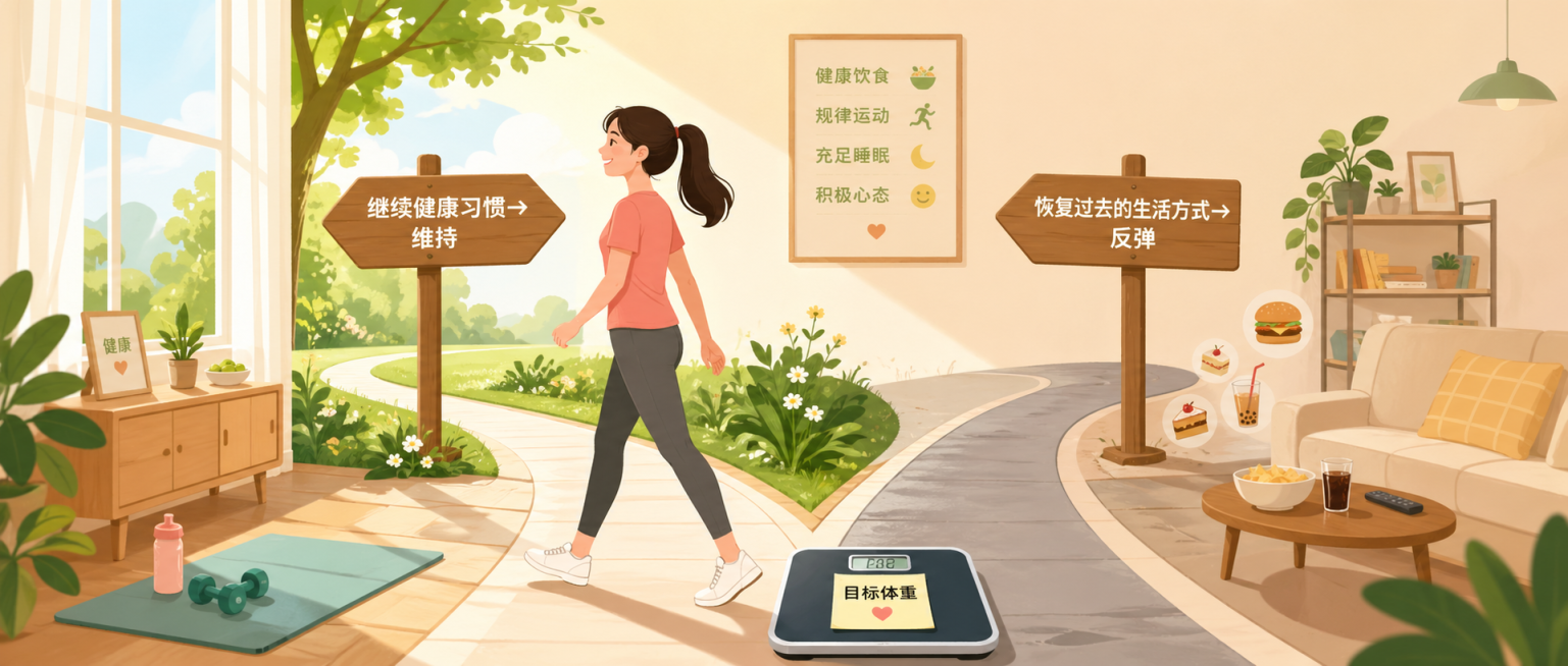 扁平插画风格，一位年轻女性站在体重秤前，秤上显示“目标体重”，女性露出满意的微笑。她面前有分叉的两条路，左侧路标写着“继续健康习惯→维持”，右侧路标写着“恢复过去的生活方式→反弹”，女性从容走向左侧道预览效果