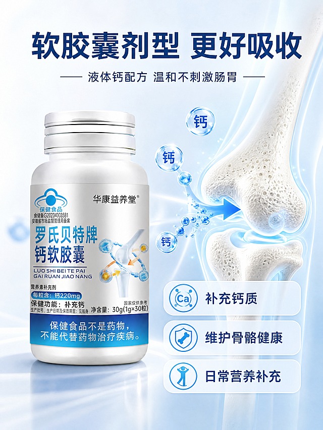 [商品] 使用【图1】华康益养堂罗氏贝特牌钙软胶囊产品瓶身置于画面左侧；保留瓶身所有文字、Logo和蓝帽标志，产品真实完整。
[画面] 目标：功效利益页，展示软胶囊易吸收与骨骼健康益处。构图：左产品右示意，右侧为3D骨骼关节示意图，有蓝色钙分子箭头指向骨骼，表示钙被吸收沉积，右侧占画面55%。背景为浅蓝渐变，有柔和光晕。≥3层视觉层次：前景产品、中景骨骼示意图、后景渐变光效。景别：产品中景+骨骼特写示意。阅读动线：从左到右。
[视觉] 套系策略：风格=专业健康保健食品商业摄影风；标题字=现代无衬线粗黑体；正文字=简洁无衬线体；主色=深海蓝+纯净白；背景延展=基于蓝白做深浅渐变、同色系光晕和细腻磨砂质感；强调色=亮青蓝色，仅用于小面积图标、引线和标签高光；标题色=深海蓝；正文色=深灰蓝；组件=圆角浅蓝底信息卡、细线引线、胶囊形标签；光影=左前侧柔和冷白光，产品底部有自然投影。
[文字] 顶部主标题「软胶囊剂型 更好吸收」，副标题「液体钙配方 温和不刺激肠胃」。右侧骨骼示意旁配3个短卖点：「补充钙质」「维护骨骼健康」「日常营养补充」。文字均横向排版，不遮挡产品主体。
[规格] 图片比例3:4竖版，4K分辨率，负向提示：避免变形、错字、文字过小、医疗化功效承诺、治疗疾病表述、极限词、产品颜色改变。