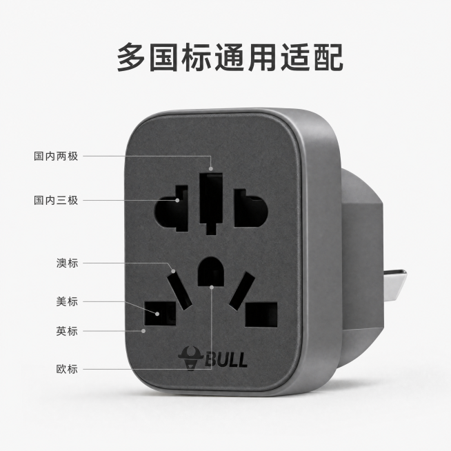 [主图-4]国标转换插头规格适配展示
[氛围风格]简约灰白色现代风格
[画质]商业摄影质感，光线柔和通透，产品清晰真实，画面干净高级
[元素]保持国标转换插头外观（物理结构、材质质感、颜色）与输入产品预览效果