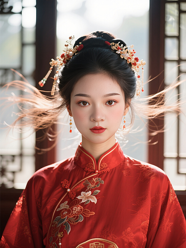 人物穿上古风中式红色嫁衣，发饰精美正面对着镜头，逆光发丝飞舞，特写镜头，中式窗户背景，浓妆，喜庆氛围