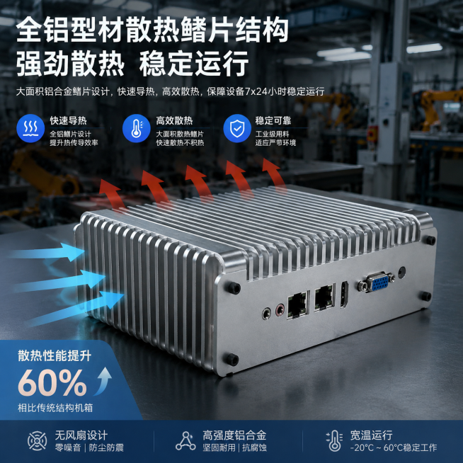 展示铝型材工控机箱的散热鳍片结构，突出散热性能强的卖点，工业工厂车间背景，凸显工业感预览效果