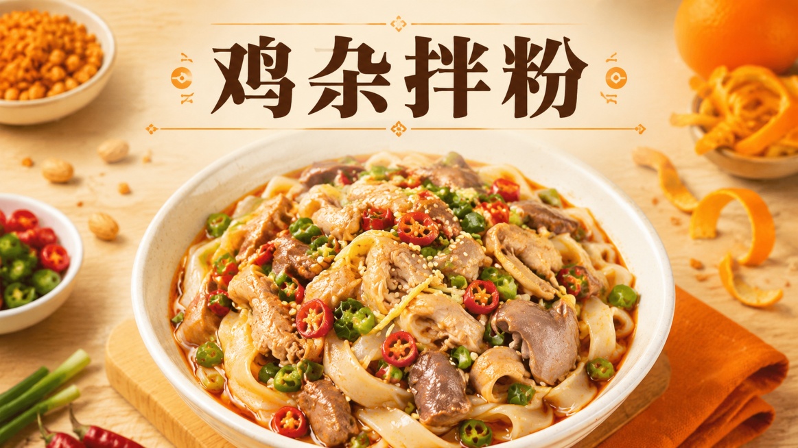 室内灯箱广告，菜名：鸡杂拌粉（原为鸡丁拌面），将鸡丁替换为鸡杂，主食改为宽厚米粉，配料统一为鸡杂+红油+青红辣椒+葱花+芝麻+少许姜丝，背景浅原木+橙色元素（炸花生碎/橙皮丝），主标题"鸡杂拌粉"居中预览效果