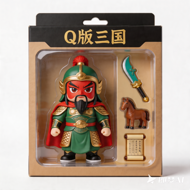 消除右下角的"即梦AI"文字水印，将包装顶部的文字"三国演义"改为"Q版三国"，保留其余所有内容、风格、画质不变预览效果