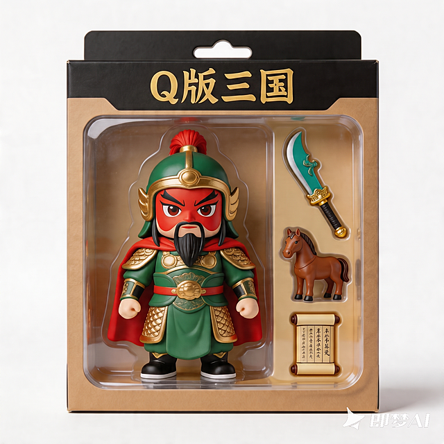 消除右下角的"即梦AI"文字水印，将包装顶部的文字"三国演义"改为"Q版三国"，保留其余所有内容、风格、画质不变