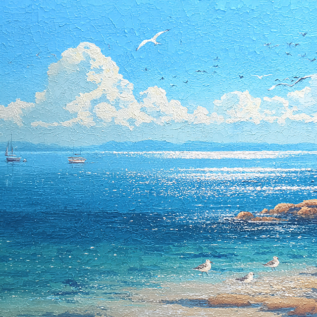 现代美学，色彩颗粒，丙烯画、布面油画，色粉画，岩彩画，扁平化，光影艺术，插画、绘本插图、风景、自然主题、肌理触感等，复杂的细节，细致的描绘，肌理纸制作与画面特殊效果的把控是作品的灵魂，画面细腻耐人寻味、如肌理纸上的二次创作，如画、划等手法、特定色彩与肌理效果，画我所熟悉的海滩、几只鹬鸟、云朵、波光粼粼的海面上的船只和美丽的风景等主题。她每天都在进行绘画实验，在形状、颜色和线条上变得更加自由和具有实验性。