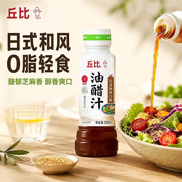 [主图-1] 丘比日式和风油醋汁首图场景展示
[氛围风格] 清新健康食欲风，温馨餐桌自然氛围感，日式简约质感
[画质] 商业摄影质感，光线柔和通透，产品清晰真实，画面干净高级
[元素] 丘比油醋汁瓶身主体居中放置，右侧搭配新鲜沙拉碗，沙拉包含生菜、紫甘蓝、小番茄，油醋汁正缓缓倾倒淋入沙拉，形成自然流动的油醋液体，左侧预留文案负空间。保持丘比油醋汁产品外观、物理结构、材质质感、颜色与输入产品图绝对一致，杜绝任何变形和色差，精细化处理。商品主体占比控制在65%左右，画面满屏无边框
[光影] 自然柔和的窗边自然光，暖调侧光，突出油醋汁通透质感和沙拉新鲜色泽，高光自然不溢出，暗部有层次，整体通透不灰蒙
[配色] 主色调为清新米白，辅助色为沙拉绿色、产品棕色、标签红色，色彩干净清新，突出健康轻食氛围
[视角构图] 平视视角，产品和沙拉为视觉中心，前景沙拉，中景产品，背景虚化浅木色餐桌，景深适中，轮廓完整不裁切
[文字版式] 左上角负空间左对齐留安全边距，放置原丘比品牌Logo，保持字形配色不变。主文案大字为“日式和风 0脂轻食”，深棕色最大号粗体无衬线，辅助文案为“馥郁芝麻香 醇香爽口”，绿色约半高，清爽无衬线。文字不遮挡产品主体
[输出要求] 1:1比例，文字清晰可辨，超高清商业摄影质感
[负向提示词] 变形，文字错乱，产品图模糊，背景杂乱，水印，电商平台Logo
