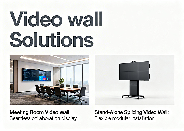Create a clean professional product catalogue page for Video wall Solutions, all text in English. Title "Video wall Solutions", place two provided product images: meeting room video wall and stand-alone splicing video wall, keep modern minimalist business style consistent with previous catalogue pages, clear and neat typography.