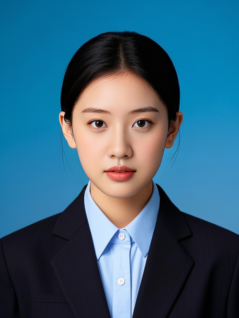 女生，西装衬衫证件照，背景深蓝色渐变预览效果