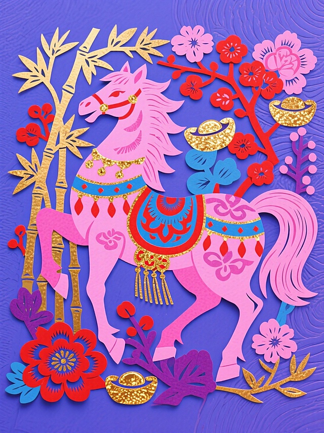 剪纸风与国潮风融合，粉色骏马点缀金饰，搭配竹枝、花卉与元宝，呈现喜庆梦幻的中式年味，充满民族感与甜蜜可爱气息。