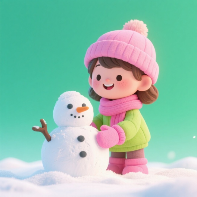 一个萌系小女孩堆雪人。女孩戴着粉色帽子，系着粉色围巾，戴着粉色手套，面带微笑，绿色下雪渐变背景。预览效果
