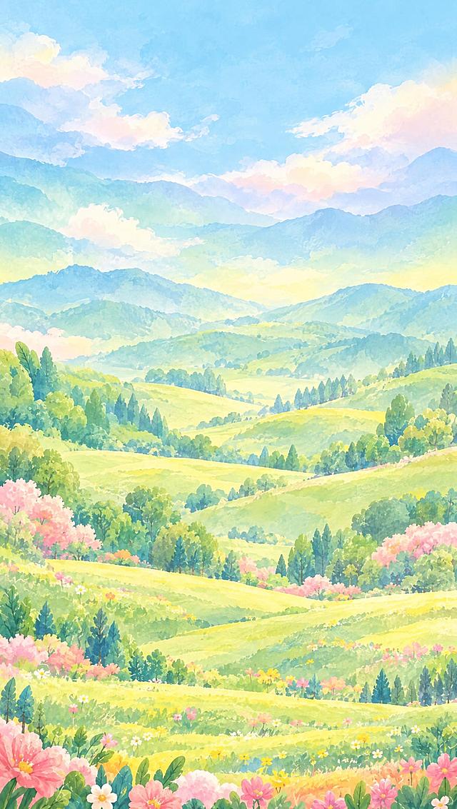 将这张海报中的所有前景元素（人物、兔子、文字、边框、礼物盒、画架、画笔、颜料管等）全部移除，只保留完整的蓝天白云、远山草地、花朵树木的背景画面，画面要完整无缝衔接，没有任何前景物体残留，保持原有的水彩手绘风格和色彩