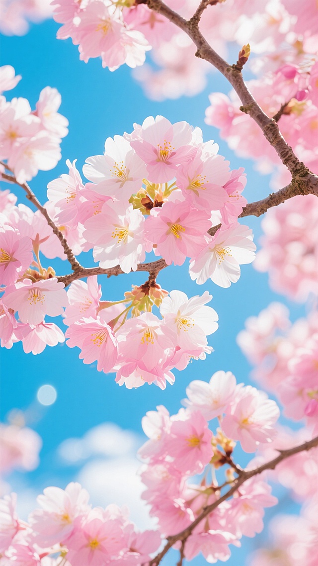 从下往上仰望视角，繁盛的粉色樱花树枝干交错，粉白渐变的樱花花瓣层层叠叠，花蕊呈嫩黄色，部分花瓣边缘泛着柔和的白色光晕，蓝天作为背景清澈明亮，点缀着几缕轻薄的白云，阳光透过花隙洒下形成柔和的光斑，整体画面呈现出清新浪漫、梦幻唯美的氛围，樱花造型变换为更密集饱满的重瓣形态，花瓣边缘带有精致的波浪卷边。