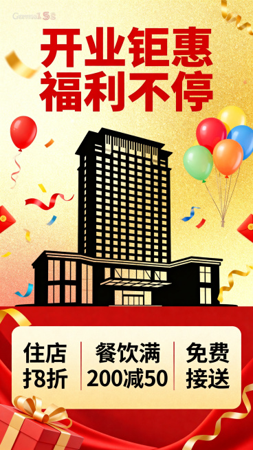 安顺新开业酒店活动宣传海报，设计简洁美观主题突出，画面展示开业福利活动，包含住店打8折、餐饮满减、免费接送等优惠信息，搭配活泼的视觉元素，标注醒目的"开业钜惠 福利不停"字样，整体风格喜庆亮眼，适合数预览效果