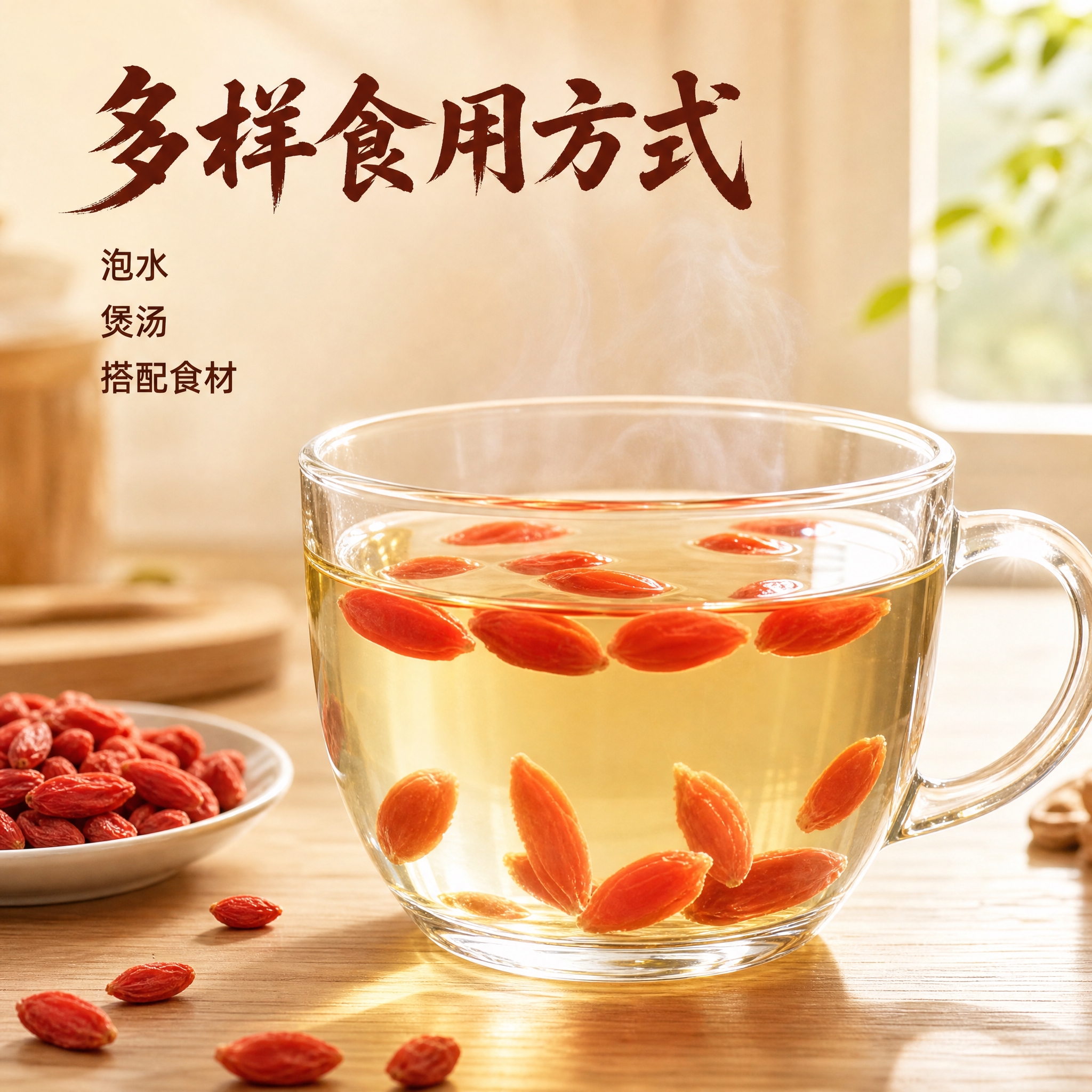 [主图-4] 红枸杞使用场景图，杯中泡枸杞，展示多样食用方式，… - 图片创意预览