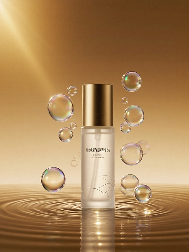 暖金渐变背景，产品周围环绕大小不一的透明气泡，左侧斜打一束光，产品发亮，底部水波纹反射