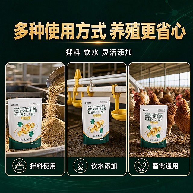 [主图-4] 布特金维 混合型饲料添加剂 维生素C（I型）场景使用图，主题为养殖场景适用 拌料饮水都方便，承担场景代入与使用体验任务。
[统一基调] 农牧科技专业品质风格，墨绿+金色+白色为主色调，背景为深墨绿色渐变带微弱科技光纹，标题字色为亮金色，辅助字色为白色，强调色为翡翠绿，字体为现代无衬线粗体，字号层级分明，卡片用细金线圆角边框，图标为线性简约风格。
[画面] 画面采用上标题下三宫格场景图布局；上方约三分之一区域为标题区；下方三分之二区域为三个等大方形场景小图横向排列，每个小图有细金色边框；左侧场景小图：饲料搅拌场景，饲料槽旁放着布特金维包装袋，示意拌料使用；中间场景小图：饮水器场景，包装袋旁有饮水设备，示意饮水添加；右侧场景小图：养殖场环境背景，健康活泼的畜禽（鸡群示意），示意使用效果；三个小图风格统一为写实农牧场景，色调与整体墨绿金风格协调；产品包装袋在每个小图中都清晰可见，保持外观一致。
[光影质感] 场景图为真实养殖环境摄影质感，光线自然，产品融入场景自然不突兀，无硬切边缘。
[配色] 整体背景深墨绿，场景小图内为真实环境色，标题金色，场景标注文字白色。
[文字版式] 顶部居中大标题"多种使用方式 养殖更省心"金色粗体；副标题"拌料 饮水 灵活添加"白色小号字体；每个场景小图下方有对应标注文字："拌料使用"、"饮水添加"、"畜禽通用"，白色中号字体居中排列。
[输出要求] 比例1:1，三宫格排列整齐，场景真实自然，产品在场景中清晰可辨；负向：变形、错字、模糊、场景虚假、产品穿模、水印、平台Logo、人物面部特写。