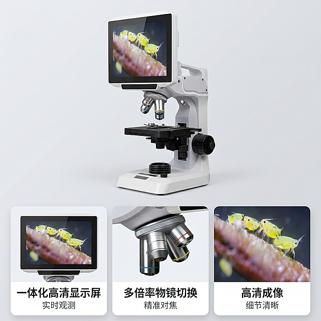 [主图 2] 数码液晶显微镜核心功能展示主图；
[氛围风格] 专业科技冷感，理性精准；
[画质] 商业摄影质感、光线柔和通透、产品清晰真实、画面干净高级；
[元素] 采用Bento栅格布局，上方大区域展示显微镜主体，保持显微镜外观结构材质颜色与原图完全一致，下方3个等宽卡片分别展示核心亮点，每个卡片配图标位置和简短说明：卡片一为显示屏区域特写，标注「一体化高清显示屏 实时观测」；卡片二为多物镜转盘特写，标注「多倍率物镜切换 精准对焦」；卡片三为观测样本成像效果，标注「高清成像 细节清晰」；背景为极简浅灰科技质感，保持整体风格统一，商品主体占比合理，画面干净不拥挤；
[光影] 冷调均匀布光，金属部件保留自然高光反射，卡片区域明暗清晰，层次分明；
[配色] 浅灰背景，深灰文字，白色卡片，主产品自然配色，整体协调统一；
[视角构图] 栅格分区构图，整体为1:1满版无边框；
[文字版式] 每个卡片标题加粗，说明文字小号，深灰字浅色底强对比，文字不遮挡产品主体，信息层级清晰；
[比例分辨率] 1:1 比例，2k 分辨率，文字清晰可辨，超高清；
[负向提示词] 变形，水印，文字错乱，产品图模糊，背景杂乱，遮挡主体，配色刺眼，文字重叠