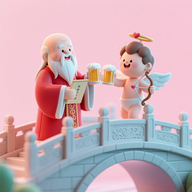 中国神仙月老和爱神丘比特拿着啤酒在桥上互相碰杯，浅粉色背景预览效果