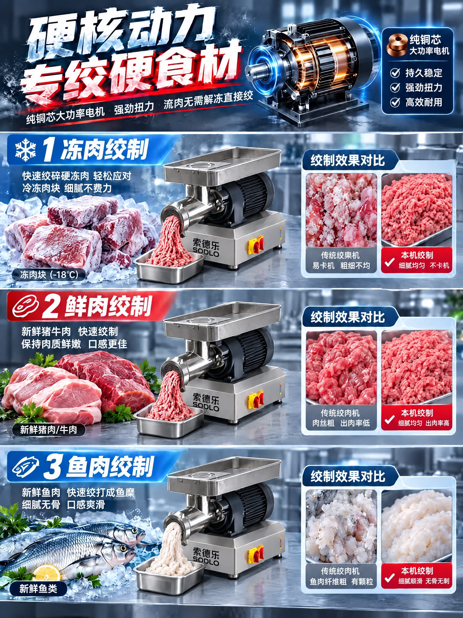 将图1详情页中三个板块里的绞肉机全部替换为图2的绞肉机款式（侧… - 图片创意预览