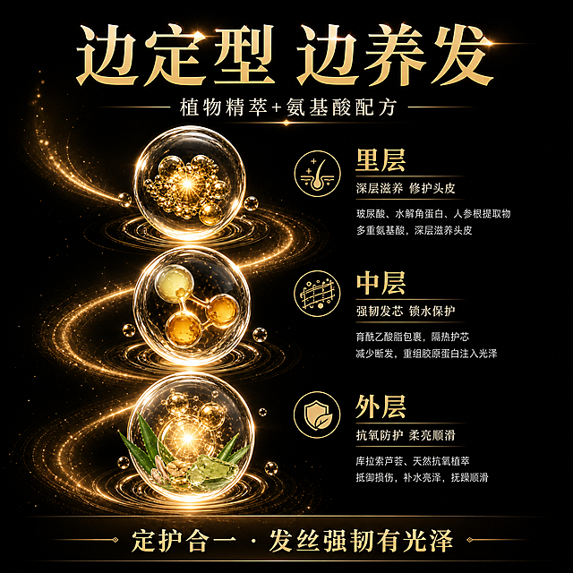将这张边定型边养发三层养护图重新构图为800x800正方形电商主图尺寸。保留黑金高端风格、三个金色成分球、里层中层外层三层结构、植物精萃元素。重新布局为正方形：顶部居中"边定型 边养发"金色大字，下方"植物精萃+氨基酸配方"副标题；中间区域三个金色透明成分球纵向排列缩小，右侧对应里层中层外层文字说明适当精简缩小；底部"定护合一"收口文字。整体黑金高端质感，金色光效流动，成分球通透有光泽。文字精简，主体居中突出，适合800x800电商主图展示。