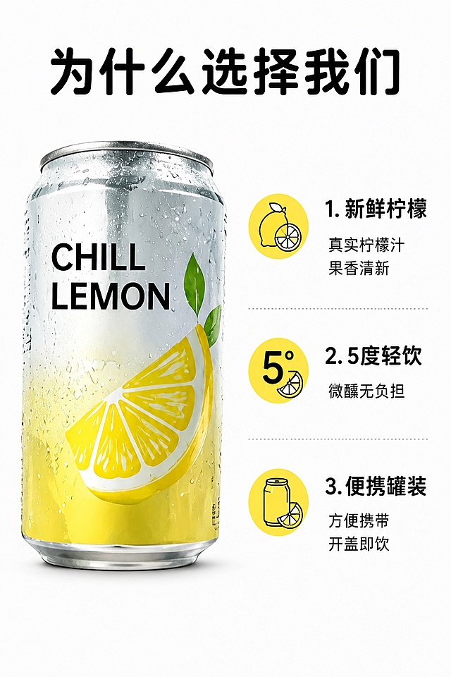 [第7屏] 详情页卖点屏-CHILL LEMON柠檬气泡酒核心卖点拆解。本屏使用【图1】作为商品主体。
[氛围/风格] 清晰信息板式设计，简洁干净，商业资讯风格。
[元素布局] 左图右文，产品放在左侧占40%空间，右侧分三点列出核心卖点，每点配小图标和说明，产品外观颜色和原图一致。
[光影质感] 正面柔光，产品清晰立体，文字区域背景干净，信息层次清晰。
[配色色系] 全局底色 #FCFCFC，主色深黑文字，辅助色柠檬黄小图标，产品银灰黄。
[视角构图] 左右分栏平视构图，阅读动线左产品 → 右卖点。
[文字版式] 标题圆角黑体，字色仅使用深黑色。顶部主标题「为什么选择我们」，右侧三点卖点依次：1. 【新鲜柠檬】真实柠檬汁果香清新；2. 【5度轻饮】微醺无负担；3. 【便携罐装】方便携带开盖即饮，每点带柠檬小图标，排版清晰。
[比例分辨率] 宽度800px，高度1200px，2:3竖版比例，4K分辨率，文字清晰可辨，高清画质。
[负向提示词] 产品变形，文字排版混乱，图标错乱，颜色偏差。