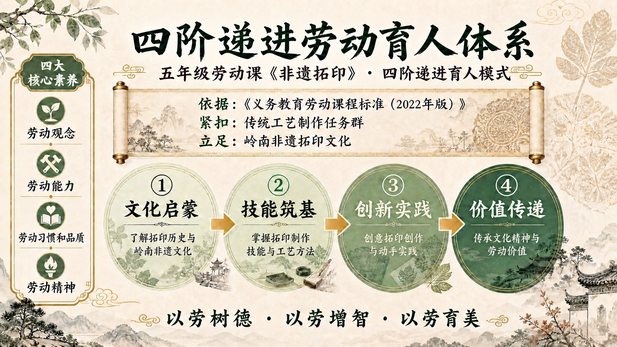 将这张海报的主标题改为"四阶递进劳动育人体系"，底部标语改为"… - 图片创意预览