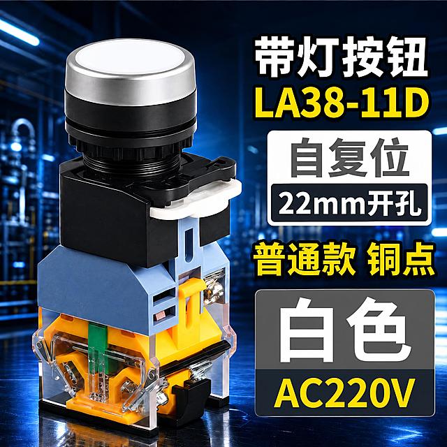 基于图1进行修改，完全保留图1的蓝色工厂背景，不要重新生成背景。只做以下修改：

【产品替换】
- 去掉图1原来的红色头按钮产品，换成图2的白色头按钮产品（白色平头+银色圈+黄色底座透明触点），抠图后放到原产品位置，大小、角度、透视、位置与原图产品一致
- 产品透明底座里的所有文字（CHKL、浙江凯蓝电气科技有限公司、LA38、GB/T14048.5、参数、CCC标志）全部擦除，保持透明底座质感和内部结构自然

【文案修改】
- 右上"带灯按钮"白色字保留不动
- 黄色字"LA38-11D"保留不动
- 白色框里的红字"自复位"改成灰色字，颜色为#666666
- 黑框白字"22mm开孔"保留不动
- 黄色字"普通款 铜点"保留不动
- 红色方框改成灰色方框，颜色为#666666，里面白字"红色"改成"白色"
- 底部黑框黄字"AC220V"保留不动

其他所有元素不动，不要重新排版。输出尺寸800x800像素，JPG品质90%。