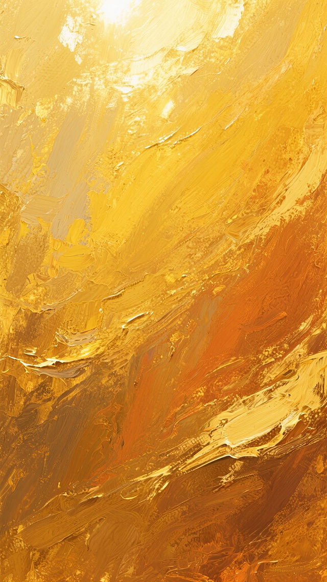 金色调抽象背景，具有丰富的油画质感，厚重的笔触纹理，暖黄色与橙金色的渐变融合，顶部有明亮的高光区域如同阳光照射，整体呈现出温暖、华丽而略带复古的氛围，画面充满流动感的抽象线条和斑驳的色块交织，具有自然随机的艺术肌理效果。