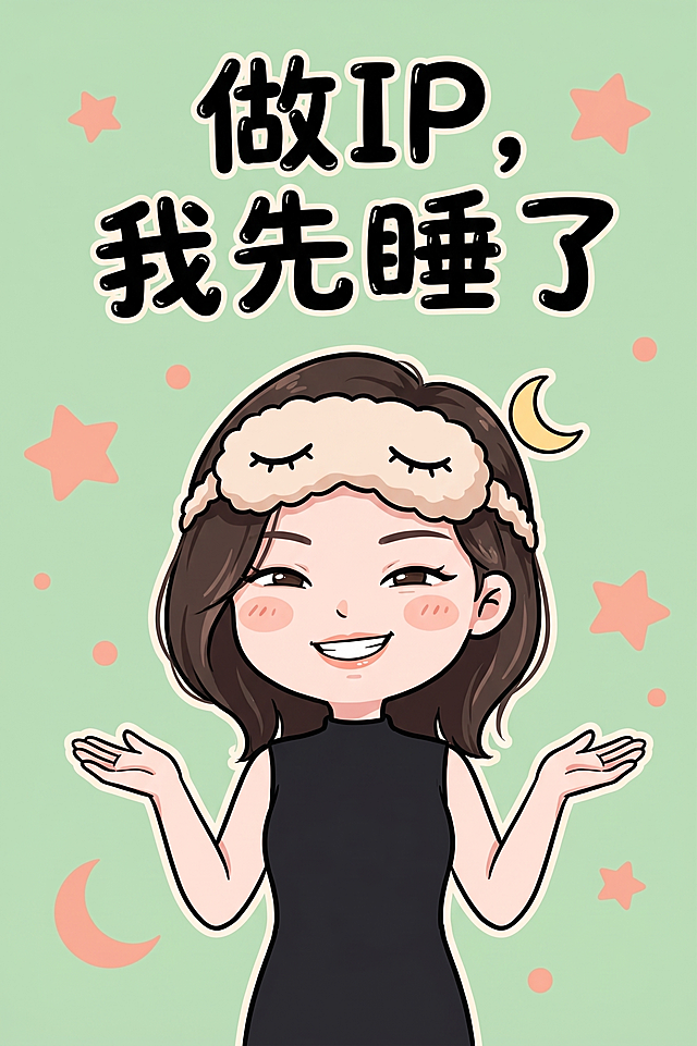 将照片中的人物转为2.5头身轻Q版卡通，保留原微笑眯眼的神态，画风圆润可爱，主色调绿色背景，蜜桃粉点缀，黑色手写圆体加粗描边文字"做IP，我先睡了"，人物双手摊开做无奈状，添加眼罩和月亮图标，整体轻松可爱幽默，高智感反差萌风格