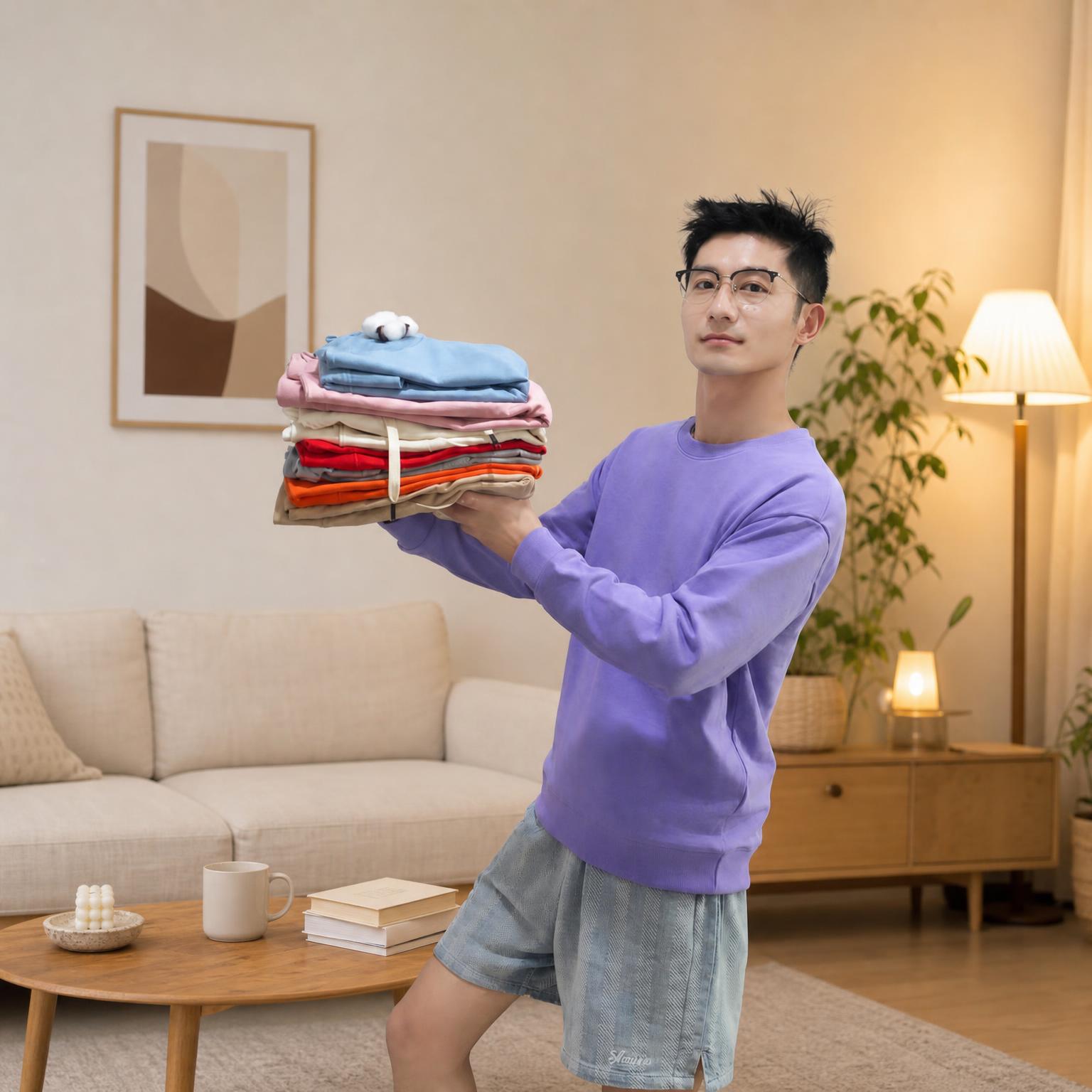 [主图-3] 男士多色圆领卫衣居家场景展示，人物姿势不变。 [… - 图片创意预览