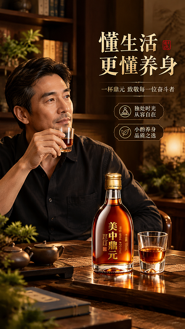 [商品] 使用【图1】美中鼎元50ml品鉴装酒瓶；保留瓶身所有文字、造型、颜色原貌，产品清晰可辨识。
[画面] 目标：模特生活方式页，成熟男性品鉴饮用场景，营造品质生活氛围。构图：右文左图，画面左侧为成熟亚洲男性（40岁左右，沉稳儒雅气质，着深色休闲衬衫）坐在中式书房/茶室中，右手持酒杯，目光从容，桌上摆放美中鼎元酒瓶和酒杯；产品占画面约40%，清晰完整。场景：暖光书房，背景有书架、茶具、绿植虚化，营造静谧高端的私人时光。≥3层环境层次。
[视觉] 套系策略：风格=高端中式养生酒商业摄影，东方雅致沉稳；标题字=宋体衬线粗体，带书法气质；正文字=简洁宋体；主色=深棕+暖金；背景延展=基于深棕木色做深浅层级、暖光晕染和细腻木纹/宣纸质感；强调色=鎏金色，仅用于小面积图标、引线和标题点缀；标题色=鎏金色；正文色=暖米白；组件=圆角深色信息卡、细金线引线、中式印章元素；光影=暖侧光，人物面部柔和，瓶身高光清晰。
[文字] 右侧上半部分主标题："懂生活 更懂养身"；副标题："一杯鼎元 致敬每一位奋斗者"；下方2个情绪卖点：「独处时光 从容自在」「小酌养身 品质之选」；文字区位于右侧，不遮挡人物和产品主体；所有文字横排，字号保证手机端清晰可读。
[规格] 图片比例9:16竖版，4K分辨率，负向提示：避免人物低俗姿态、医疗化暗示、错字、文字过小、冷蓝背景、产品文字错乱、绝对化用语、亚洲面孔失真。